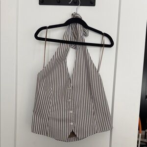 ZARA Striped Halter Vest Top Brown Blue Tie Neck Blouse Size M
